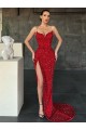Best Velvet Sequin V-Neck Sleeveless Red Sweep Train Evening Dress Canada