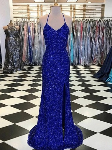 Best Velvet Sequin V-Neck Sleeveless Royal Blue Sweep Train Evening Gown Canada