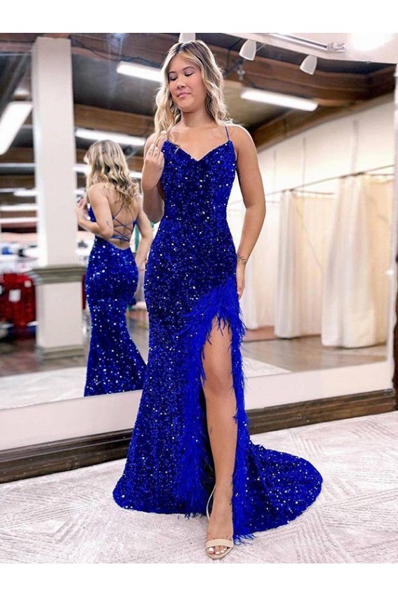 Best Velvet Sequin V-Neck Sleeveless Royal Blue Sweep Train Evening Dress Canada