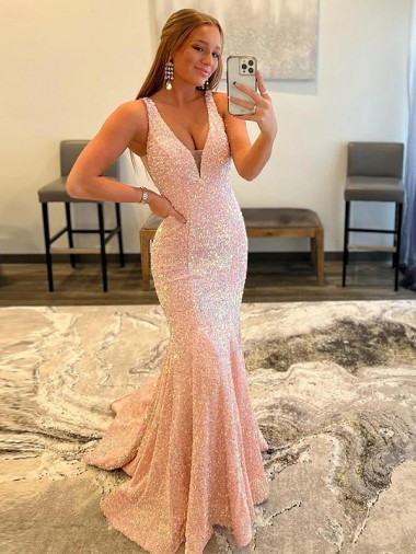 Best Velvet Sequin V-Neck Sleeveless Sweep Train Evening Dress Canada
