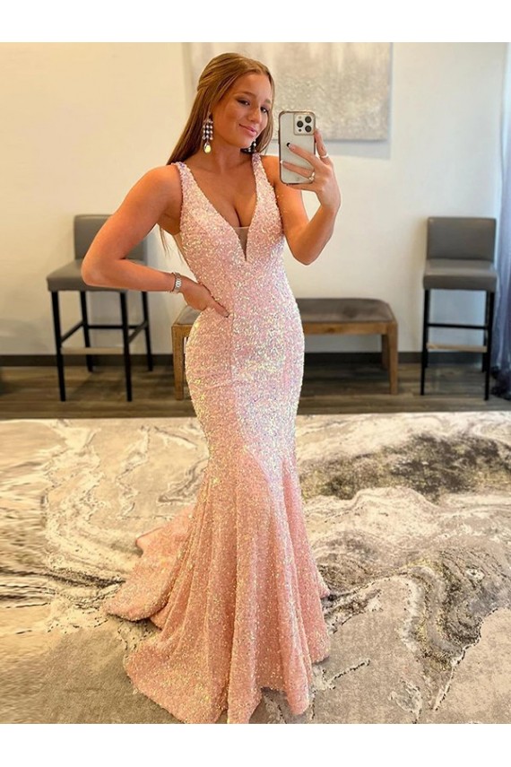 Best Velvet Sequin V-Neck Sleeveless Sweep Train Evening Dress Canada