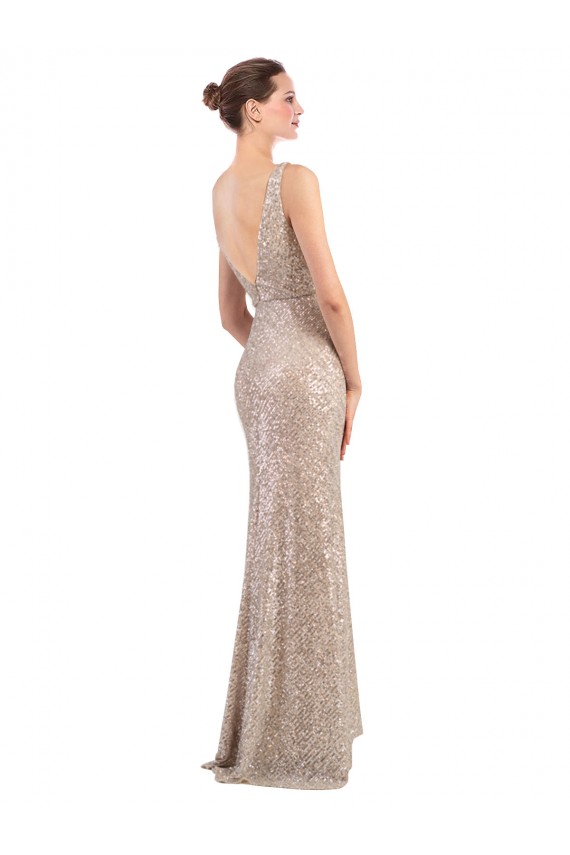 Best Sequin & Sparkling Sequin V-Neck Sleeveless V-Back Silver Long Formal Evening Dress Canada