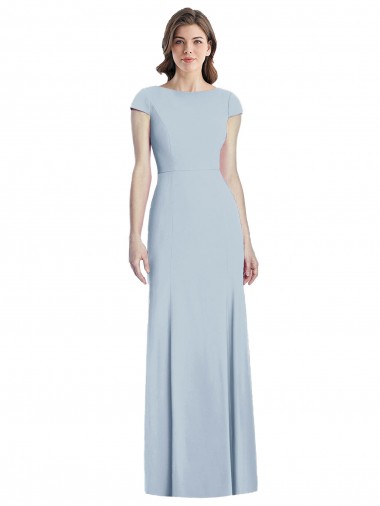 Best Stretch Crepe Bateau Neck Cap Sleeves Open Back Light Sky Blue Long Formal Dress Canada