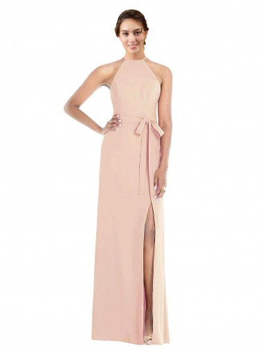 Best Stretch Crepe Halter Neck Sleeveless Open Back Nude Long Formal Evening Dress Canada