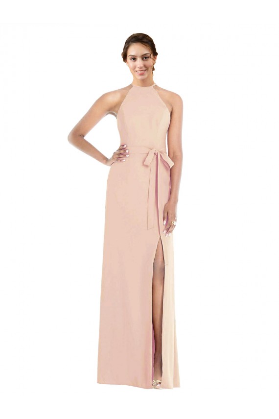Best Stretch Crepe Halter Neck Sleeveless Open Back Nude Long Formal Evening Dress Canada