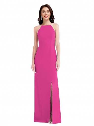 Best Stretch Crepe Halter Neck Sleeveless Open Back Fuchsia Long Formal Evening Dress Canada