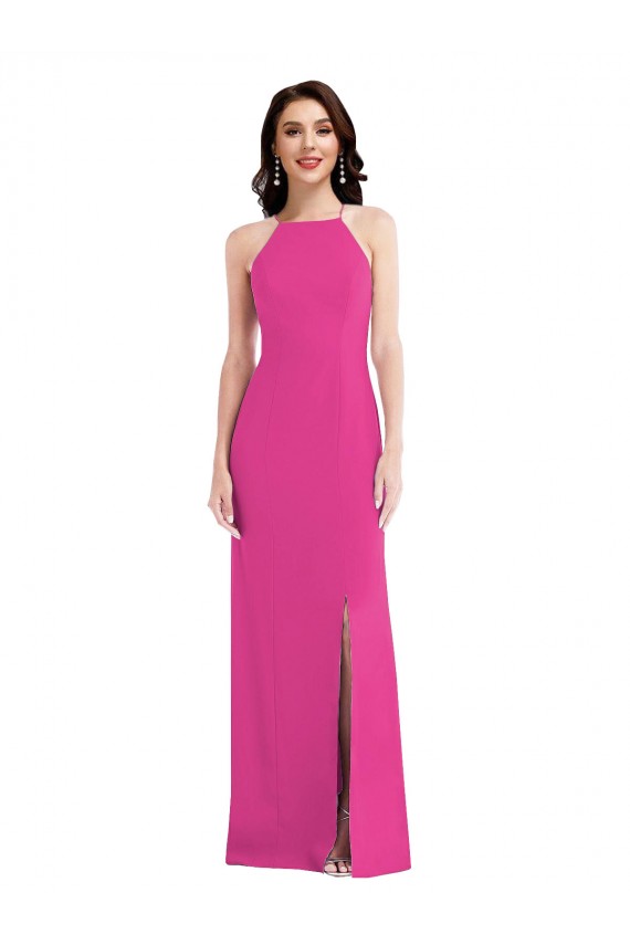 Best Stretch Crepe Halter Neck Sleeveless Open Back Fuchsia Long Formal Evening Dress Canada
