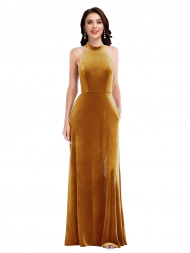 Best Stretch Velvet Halter Neck Sleeveless Keyhole Back Long Semi Formal Evening Dress Canada