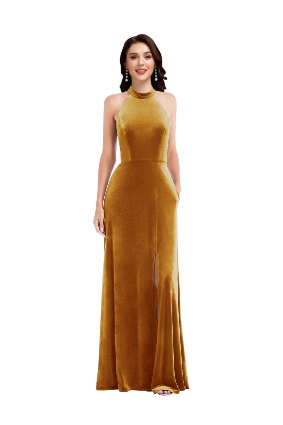 Best Stretch Velvet Halter Neck Sleeveless Keyhole Back Long Semi Formal Evening Dress Canada