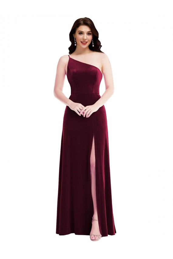 Best Stretch Velvet One Shoulder Sleeveless Burgundy Long Black Tie Evening Dress Canada