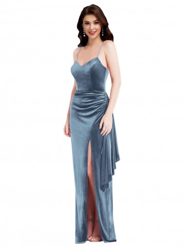 Best Stretch Velvet Spaghetti Straps Sleeveless Low Back Dusty Blue Long Formal Evening Dress Canada