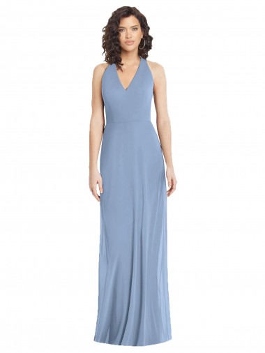 Best Soft Chiffon Halter Neck Sleeveless Open Back Dusty Blue Long Formal Evening Dress Canada
