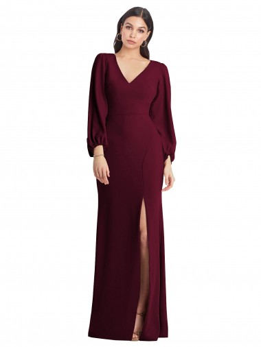 Best Stretch Crepe V-Neck Puff Sleeves Long Semi Formal Evening Dress Canada